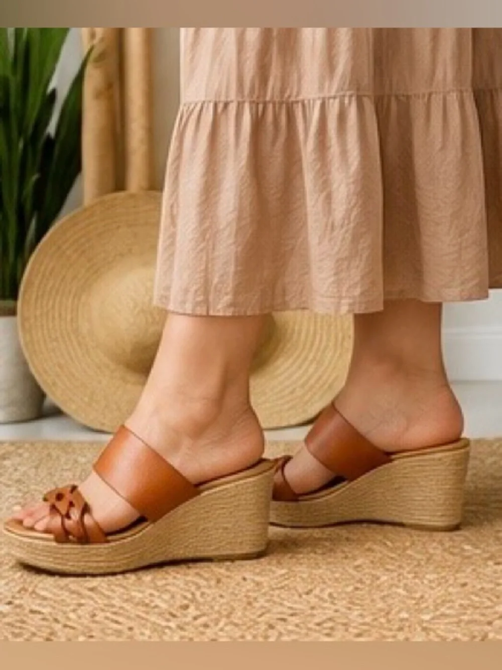Lane Bryant 8W Wide Width Cognac Brown Espadrille Wedge Slide Sandals